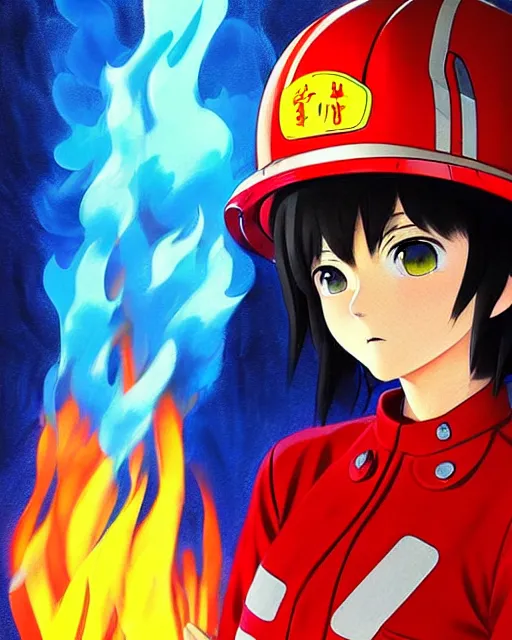 Image similar to fireman, fire helmet, flames background | | very very anime!!!, fine - face, audrey plaza, realistic shaded perfect face, fine details. anime. realistic shaded lighting poster by ilya kuvshinov katsuhiro otomo ghost - in - the - shell, magali villeneuve, artgerm, jeremy lipkin and michael garmash and rob rey