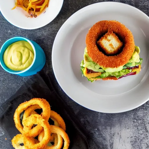 Image similar to sandwich with fried tofu, one red tomato slice, mayonnaise, one fried onion ring, smashed avocado, melted cheddar, in a red dish, background with saturn and stars in the sky