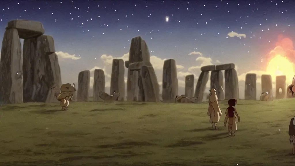 Image similar to a cell shaded cartoon movie still from princess mononoke ( 1 9 9 7 ) showing a golden ufo over stonehenge. in the background is machu pichu on a misty and starry night. very dull muted colors, hd, 4 k, hq