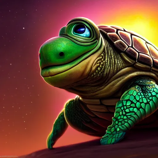 Image similar to aged anthropomorphic turtle, sci - fi, utopian, pixar splash art, wlop, intricately detailed, highly detailed, trending on artstation, 4 k, wallpaper - 1 0 2 4