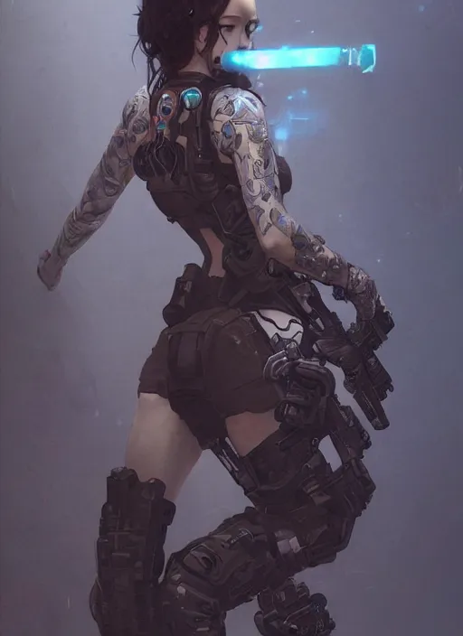 Image similar to girl covered with tattoos wearing tactical gear, intricate lights, bio luminescent, plasma, by ruan jia and artgerm and range murata and wlop and ross tran and william - adolphe bouguereau and beeple. key art. fantasy illustration. award winning, artstation, intricate details, realistic, hyperdetailed, 8 k resolution.