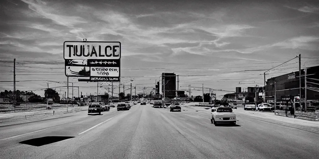 Prompt: “American commercial highway in the style of Marcelino Truong, capitalism, motorcycle, industry, endless, freedom, signs”