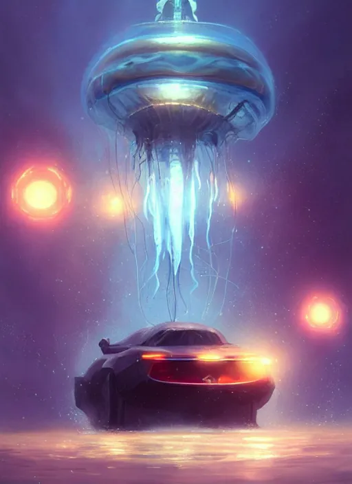 Image similar to jellyfish alien vehicle, sparks, ultra realistic, underwater temple, cinematic lighting, machines, highly detailed, sharp focus, artstation, masterpiece, art by greg rutkowski