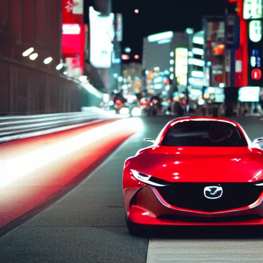 Prompt: RX-Vision soul red concept car ikuo maeda mazda RX-9 driving in Tokyo at night beautiful 35mm photo