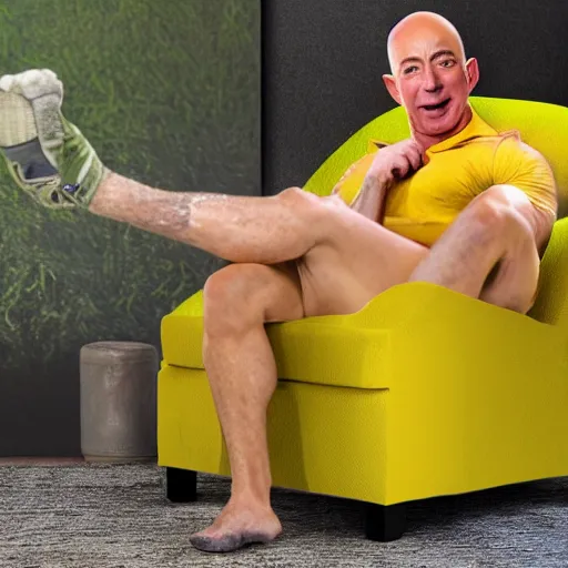 Prompt: portrait photo of swole jeff bezos with green skin screaming in rage while wearing yellow oven mitts and reclining in a lounge chair