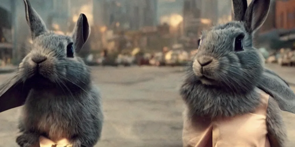 Prompt: a rabbit in the movie the batman screenshot