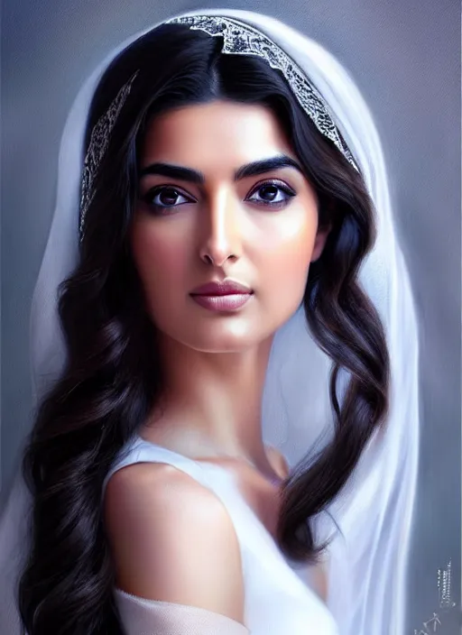 Image similar to beautiful ameera al taweel, blue eyes, long wavy black hair, white veil, in the style of stefan kostic, realistic, sharp focus, 8k high definition, insanely detailed, intricate, elegant, art by stanley lau and artgerm