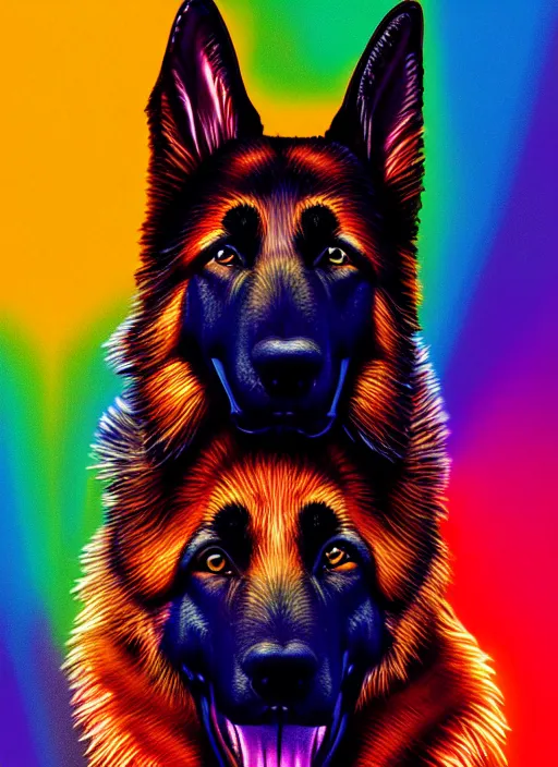 Image similar to symmetry!! product render poster vivid colors divine proportion german shepard hound floppy ears, scifi, glowing fog intricate, elegant, highly detailed, digital painting, artstation, concept art, smooth, sharp focus, illustration