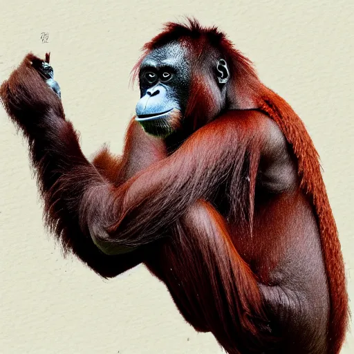 Prompt: a japanese ink block painting of an orangutan, 4 k, hyper realistic, dslr, high resolution, landscape, beautiful