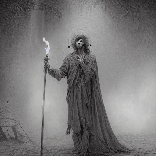 Image similar to a photographic portrait of a humanoid in robes with a halo standing in front of a tent holding a bowl of smoke!! by gustave dore and stephen hickman and allen williams, trending on artstation, cgsociety, 4 k hd, earthtone colors, skulls!! in the smoke, an open canvas tent in the background