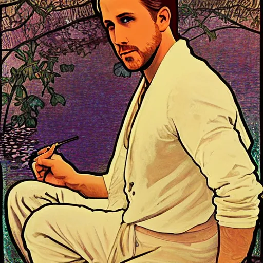 Prompt: A delicate painting of Ryan Gosling in Drive 2011 sitting at a pond, by Alphonse Mucha, art nouveau, detailed, elegant