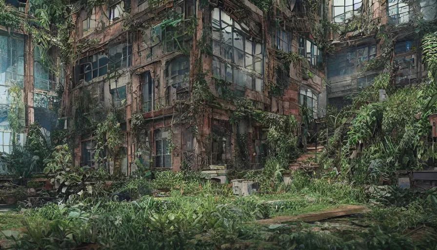 Image similar to Abandoned Building Overgrown by beautiful plants, Dystopian Slum, Hyperrealism, Hyperdetailed, Intricate Details, Anamorphic Lens, Cinematic Lighting, Volumetric Lights, Raytracing Reflections, Unreal Engine 5