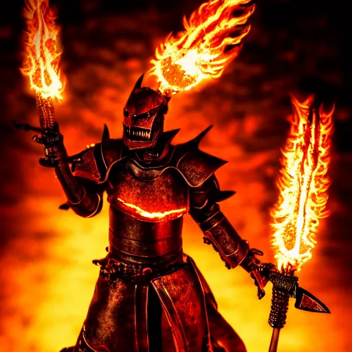 Image similar to photo of a hell knight with flaming weapons, highly detailed, 4k, HDR,