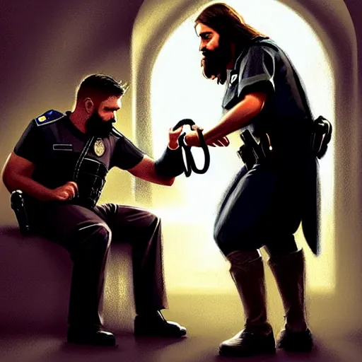 Prompt: jesus christ is placing handcuffs on a police officer, style of greg rutkowski