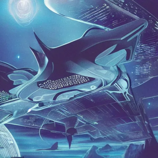 Image similar to an extremely intricate sci-fi world of the future, manta rays flying in the sky, advance civilization, utopian