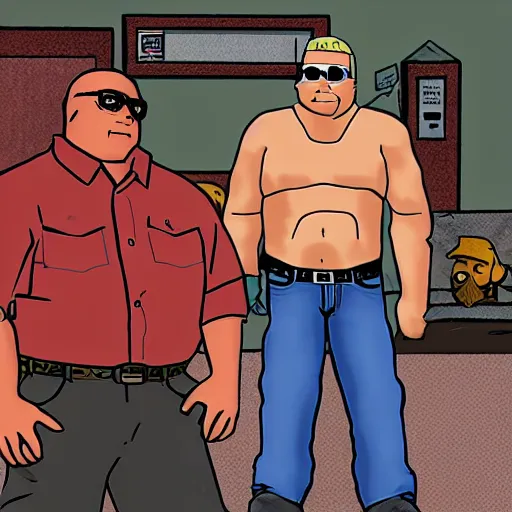 Prompt: a screenshot of king of the hill bobby hill speaking to duke nukem