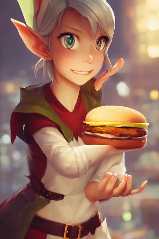 Image similar to adorable elf girl holding a burger, single subject, medium shot, ambient lighting, white hair, detailed face, by makoto shinkai, stanley artgerm lau, wlop, rossdraws