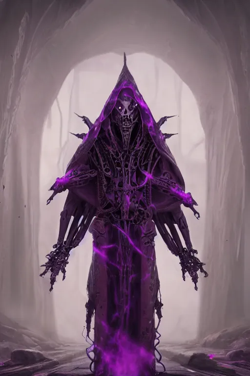 Prompt: character and environment design, ( ( biomechanical ) ) archanist covered in otherworldly dreamy purple magic, tattered!!! robe and hood, stone pathway, scary, arrogant, hostile, photorealistic, cinematic, hyper realistic, octane render, 8 k, wide angle