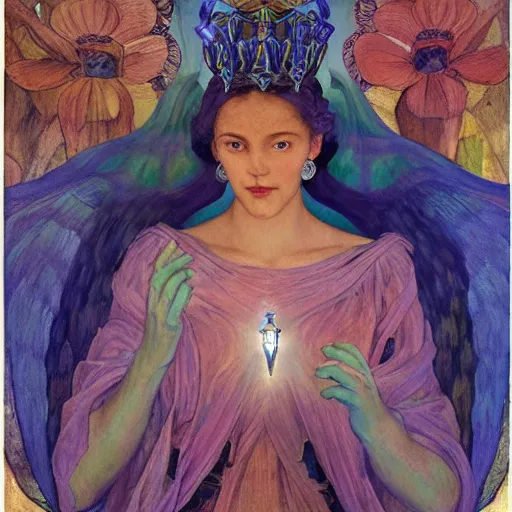 Prompt: queen of the dawn with her wings and her lantern, by Annie Swynnerton and Nicholas Roerich and Diego Rivera, flowing robes, bioluminescent skin, floral tattoos, elaborate costume, geometric ornament, symbolist, soft colors, dramatic lighting, smooth, sharp focus, extremely detailed