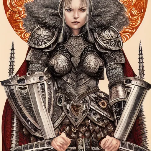 Image similar to a fierce and muscular warrior princess in full armor, fantasy character portrait in jacek yerka and aykut aydogdu leslie zhang style drawn by vania zouravliov and takato yamamoto,, intricate acrylic gouache painting, high detail, sharp high detail, artstation, manga and anime