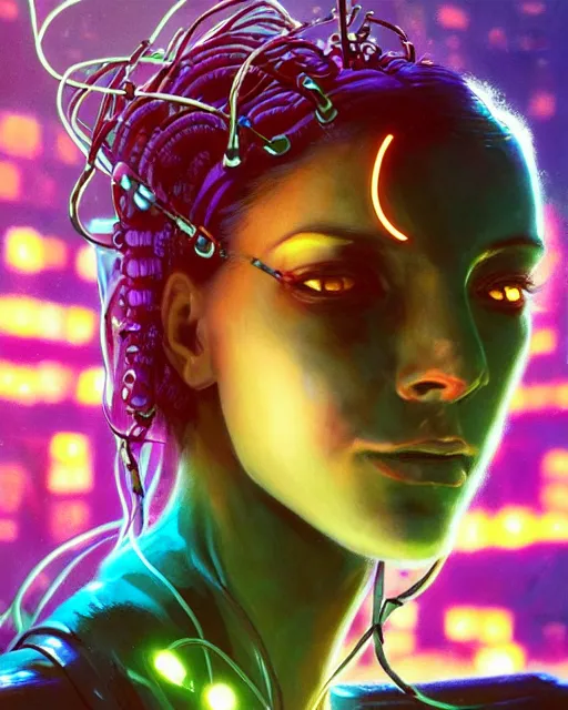 Prompt: a cyberpunk close up portrait of cyborg medusa, electricity, snakes in hair, sparks, bokeh, soft focus, skin tones, warm, sky blue, daylight, geometric, by paul lehr, jesper ejsing