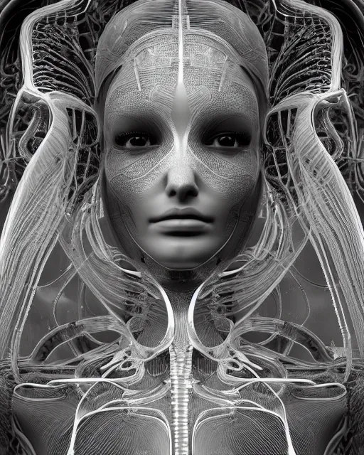 Image similar to mythical dreamy black and white organic bio - mechanical spinal ribbed profile face portrait detail of translucent steampunk beautiful female angelic - human - queen - vegetal - cyborg, highly detailed, intricate crystal ivy jelly ornate, poetic, translucent roses ornate, 3 d render, digital art, octane render, 8 k artistic photography, photo - realistic, by dora maar