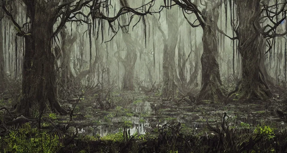 Image similar to A dense and dark enchanted forest with a swamp, by schizophrenia patient