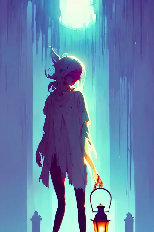 Prompt: a ultradetailed beautiful panting of a lost ghost, roaming a graveyard with lantern, by conrad roset, greg rutkowski and makoto shinkai trending on artstation