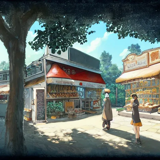 Image similar to concept art painting of a bakery with european and japanese architecture, in a village surrounded by trees, realistic, detailed, cel shaded, in the style of makoto shinkai and greg rutkowski and james gurney