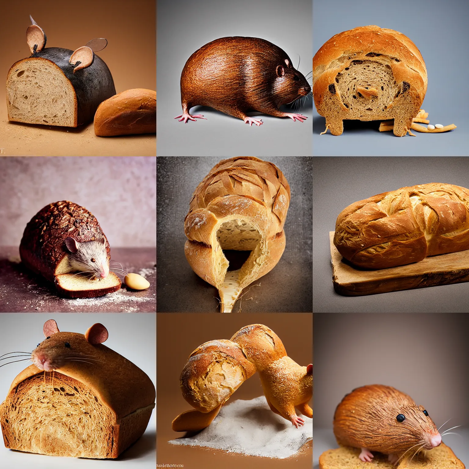 Prompt: an edible rat!! sculpture made entirely out of ( ( ( bread ) ) ), food photography, studio lighting, delicious