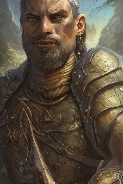 Image similar to a full body high detail fantasy portrait oil painting illustration of rob roflgator maleki by justin sweet with face and body clearly visible, in a scenic background, pretty eyes, realistic proportions, d & d, rpg, forgotten realms, artstation trending, high quality, sombre mood, artstation trending, muted colours, entire person visible!