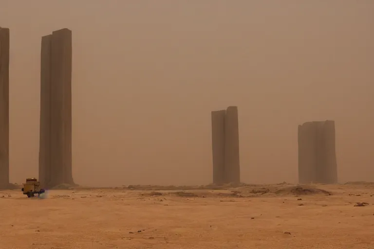 Image similar to gigantic monolithic architecture, open walls let in a sand storm, concrete pillars, ancient sci - fi elements, on an alien planet, sun is blocked by dust, pale orange colors, cinematographic wide angle shot, directed by christopher nolan