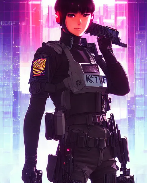 Image similar to anime key visual of a female officer, swat vest, neon, cyberpunk, futuristic, stunning, highly detailed, digital painting, smooth, soft focus, illustration, movie poster, japanese typography, digital art from artstation by artgerm and greg rutkowski and alphonse mucha