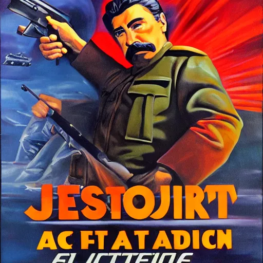 Prompt: portrait of joseph stalin as an action hero on a movie poster from the 80s, oil painting