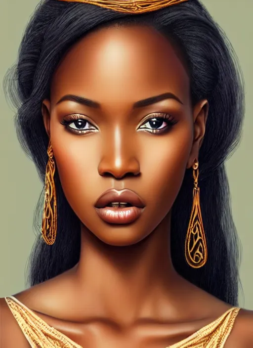 Prompt: a gorgeous african female photo, professionally retouched, soft lighting, realistic, smooth face, full body shot, torso, dress, perfect eyes, sharp focus on eyes, 8 k, high definition, insanely detailed, intricate, elegant, art by artgerm and jason chan