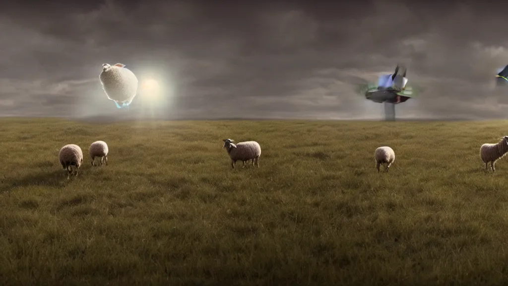 Image similar to sheep in a field being abducted by a ufo!, film still from the movie directed by directed by denis villeneuve
