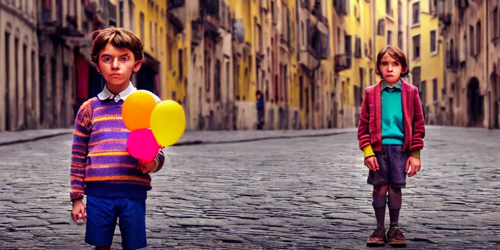 Prompt: closeup detailed portrait of a kid holding a balloon in the middle of european street detailed still from wes anderson movie, high production value, intricate details, vibrant colors, 8 k resolution, hyperrealistic, hdr, photorealistic, high definition, tehnicolor, award - winning photography, masterpiece, amazing colors