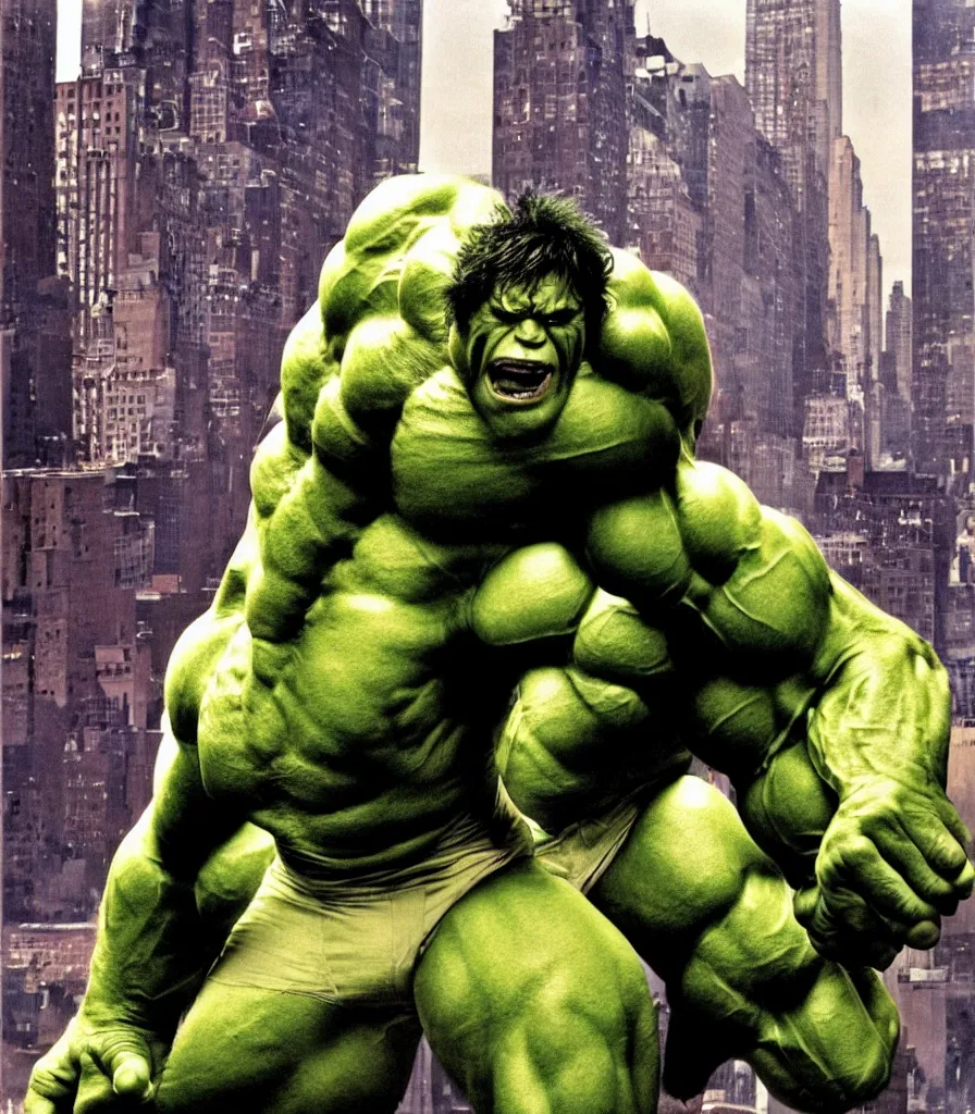 Image similar to a color photo portrait of the incredible hulk looking angry in new york city by richard avedon dramatic lighting.