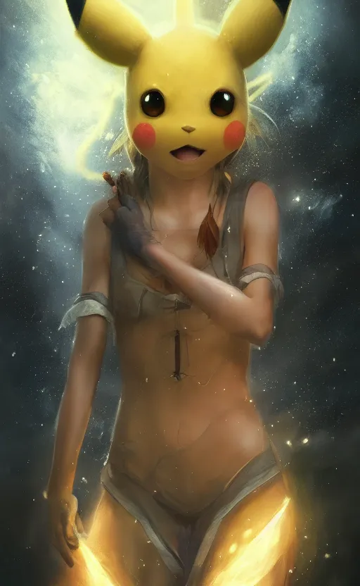 Image similar to a girl from final fantasy live action, cosplaying as pikachu, evocative, mystical night, very very very very detailed, award winning, masterpiece digital painting by greg rutkowski, alex grey, artstation, 4 k wallpaper