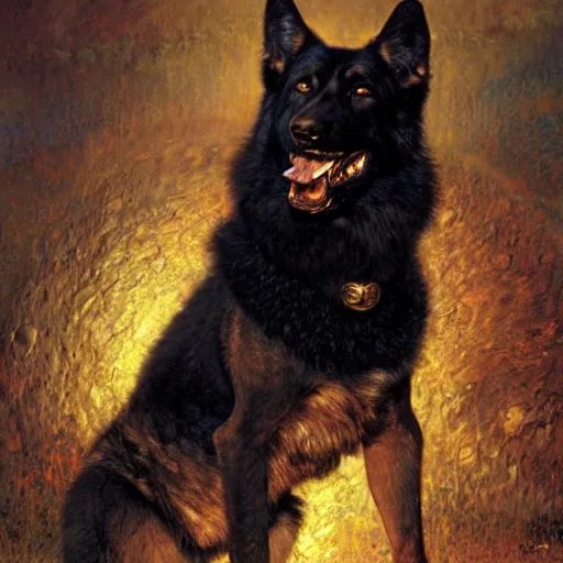 Prompt: a portrait of a black german shepard dogman canine viking with human eyes smiling holding an axe. fantasy highly detailed painting by gaston bussiere craig mullins jc leyendecker gustav klimt artgerm greg rutkowski