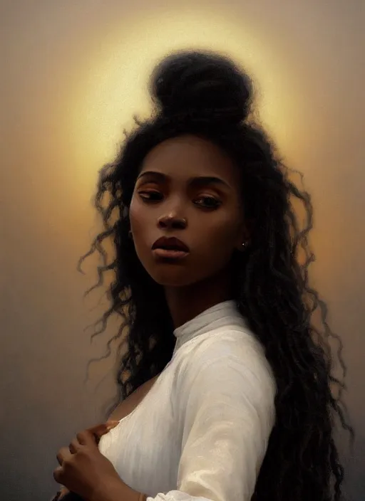 Prompt: oil painting close up portrait of a contemplative young black woman with long dark flowing hair in a white dress, covered in white roses!! at sunset, hazy, digital art, chiaroscuro, artstation, cinematic, golden hour, digital art painting by greg rutkowski, william - adolphe bouguereau, hazy atmosphere, cinematic lighting
