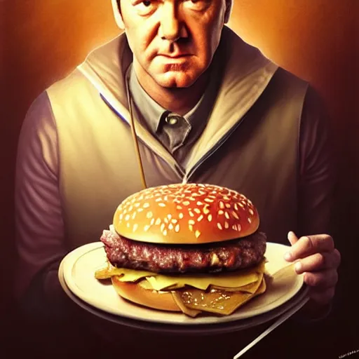 Prompt: Kevin Spacey eating a mcdonald's big mac hamburger, dripping BBQ Sauce, serving burgers, intricate, elegant, feminine ethereal, hearthstone, D&D, magical mystical, highly detailed, digital painting, artstation, concept art, matte, sharp focus, hyperreal, art by Artgerm and Greg Rutkowski and Alphonse Mucha