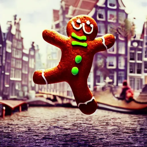 Prompt: a gingerbread man running around amsterdam, smoking weed, 3 d octane render, highly detailed, masterpiece, studio ghibli, amazing composition, hdr, gingerbread man is cute chibi,