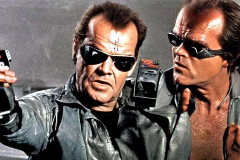 Image similar to Jack Nicholson as Terminator is playing with gameboy scene