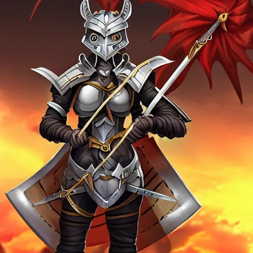 Image similar to Anime Heroic female kobold paladin in plate armor holding up a sword in triumph