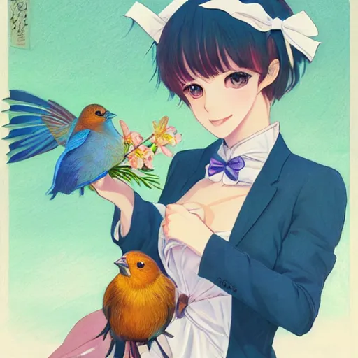 Image similar to colored pencil, anime art, beautiful full body female pinup girl, she is holding an indigo bunting bird, in her hand, the bird is wearing a bowtie, wlop, rossdraws sakimimichan, ilya kuvshinov, krenz cushart, greg rutkowski