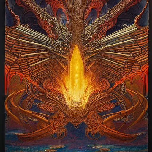 Prompt: a detailed digital art of a massive dragon-like creature with wings made of fire blazes through the night sky, leaving behind a trail of destruction, 'by Joseph Cornell, Lawren Harris and James Jean:2', 'style of opalescent, Myst, optical illusion, grim dark, Ancient Egyptian, Cambrian,detailed, ornate, maximalist, 8k, cinematic, compositing, post processing, award winning art,artstationHQ,artstationHD