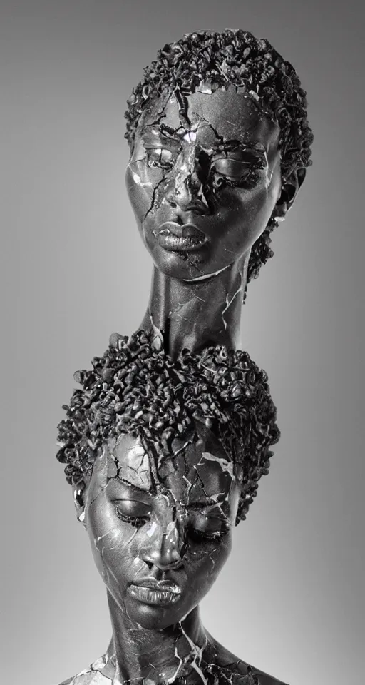 Image similar to hyper realistic of a stunning intricate cracked black marble falling african american woman angel face sculpture, highly detailed, white tone background, trending on artstation, hyperrealism, matte painting, subsurface scattering