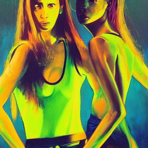 Image similar to neon yellow by peter elson calm. the photograph is a beautiful work of art. the three graces are depicted as beautiful young women, each with their own unique charms. the photograph is full of color & life, & the women seem to radiate happiness & joy.