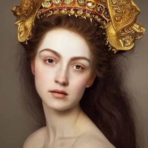 Image similar to kodak portra 4 0 0, 8 k, artstation, soft light, volumetric lighting, highly detailed, britt marling style 3 / 4 extreme close - up portrait photography of a beautiful woman pre - raphaelite, inspired by thandiwe muriu, royal woman wearing ornate art nouveau orchid headdress, realistic, refined, highly detailed